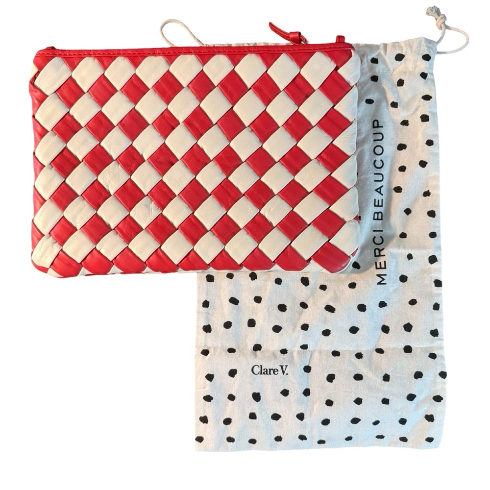 Clare V. Puffy Woven Flat Clutch Red Cream Leather Bag + Dust Bag NWT Giftable - Picture 4 of 9